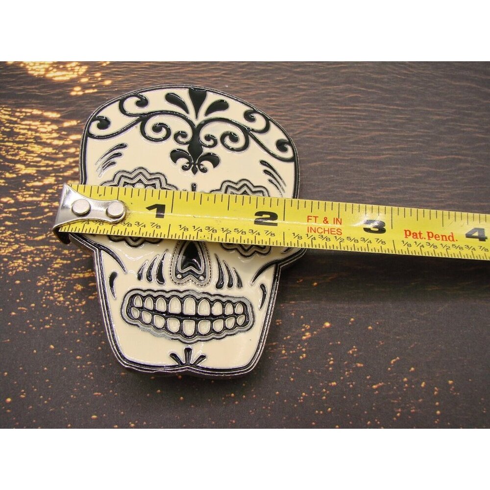 Black White Sugar Skull Belt Buckle Metal Streetwear Day of Dead Floral Mexico - Picture 9 of 10